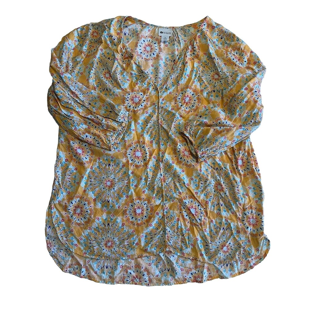 Stylus‎ Women's Blouse Size XL Floral Mustard 3/4 Sleeve